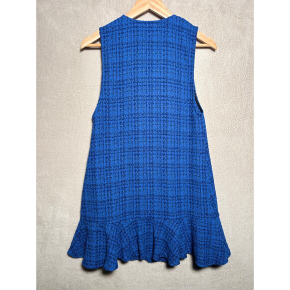 Zara Womens Blue Ruffled Tweed Pinafore Dress‎ V- Neck Button Front Size Small - Picture 2 of 5